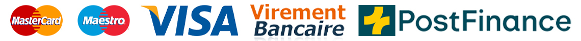 logo de nos moyen de paiement : Mastercard, Visa, Twint, PostFinance, Swissbilling, Virement Bancaire, American Express, Maestro